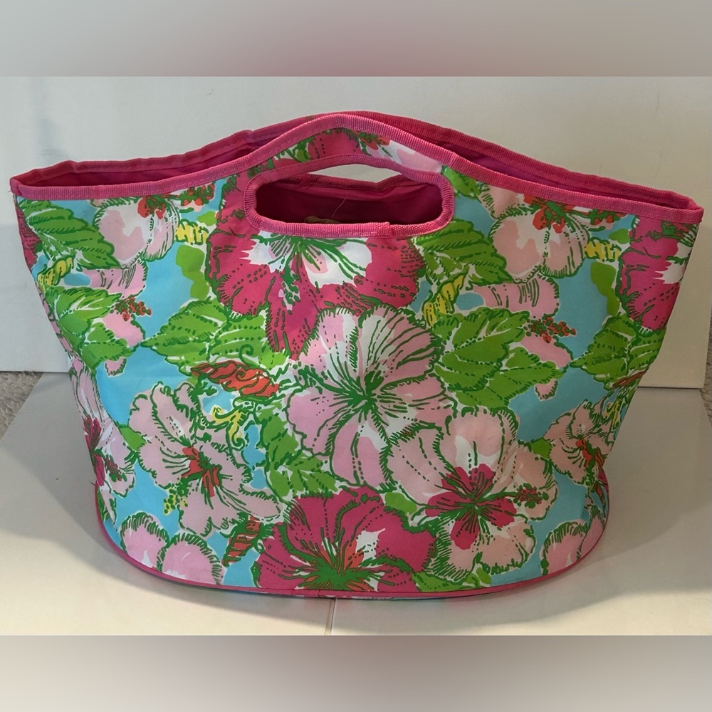 Lilly Pulitzer Floral Insulated Tote Cooler Bag Pink Green Zip Beach Travel - Picture 5 of 8